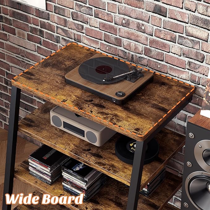 Besiost AV Media Stand with Outlets, Media Console with LED Lights, Stereo Racks and Stands with Storage Shelves, Media Audio Tower Cabinet, Rustic Brown