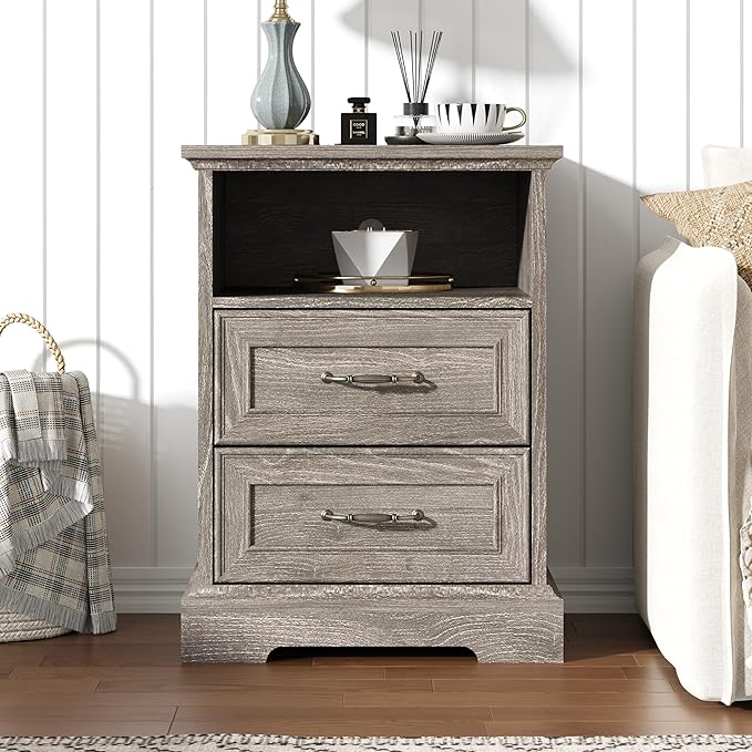 Nightstand with Charging Station,18" Wide End Table with 2 Large Drawers & Metal Handles,Rustic Farmhouse Wood Small Dresser,Bedside Table,Modern Chest of Drawers for Bedroom,Living Room,Dark Grey