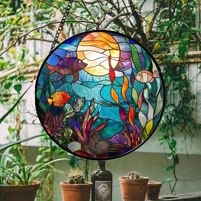 AMDERVEN Stained Glass Window Hanging - Blue Ocean World Small Fish Coral Sun Catcher for Door Garden Home Decor Sea Suncatcher Christmas Mother's Day Birthday Gifts for Women Men Mom Nana 9.8 in