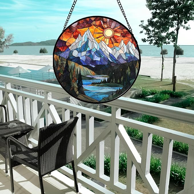 AMDERVEN Stained Glass Window Hanging - Colorful Mountain Lake Landscape Sun Catcher for Door Garden Home Decor Suncatcher Christmas Mother's Day Birthday Gifts for Women Men Mom Nana 15 in
