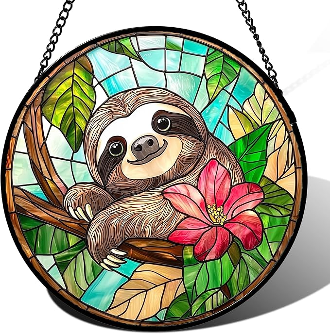 AMDERVEN Stained Glass Window Hanging, Cute Sloth Sun Catcher for Door Home Decor Animal Suncatcher Christmas Mother's Day Birthday Gifts for Women Men Mom and Nana 7.8 in