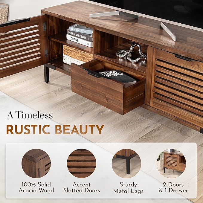 Bme Millie Solid Wood TV Stand for TVs up to 65 Inches, Modern Farmhouse TV Stand with Rustic Charm, TV Stands for Living Room, Chestnut