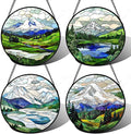DASTOLL Stained Glass Window Hanging 4 Pcs Set Mountains Lake Green White Landscape Large 15" - Suncatcher Door Garden Sun Catcher Decor Birthday Christmas for Mom Woman Nana Men