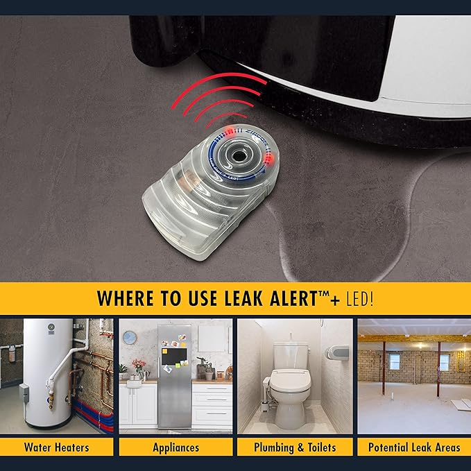 Zircon Leak Alert + LED! Water Leak Detector & Flood Sensor Alarm/Water Leak Sensor with Dual Leak Alarms 90Db Audio + Flashing LED Lights/Battery Powered-Batteries Not Included, 1 Pack (72332),White