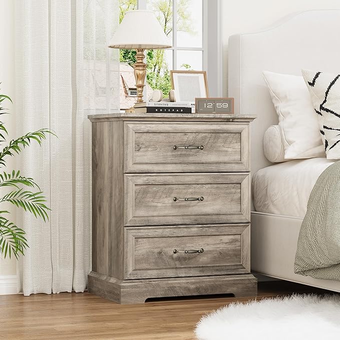 Nightstand Set of 2,24" Wide End Table with 3 Large Drawers & Metal Handles,Rustic Farmhouse Wood Small Dresser,Bedside Table,Modern Chest of Drawers for Bedroom,Living Room,Grey