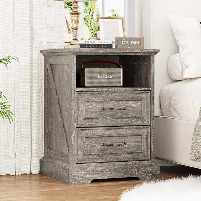 Nightstand with Charging Station,18" Wide End Table with 2 Large Drawers & Metal Handles,Rustic Farmhouse Wood Small Dresser,Bedside Table,Modern Chest of Drawers for Bedroom,Living Room,Dark Grey