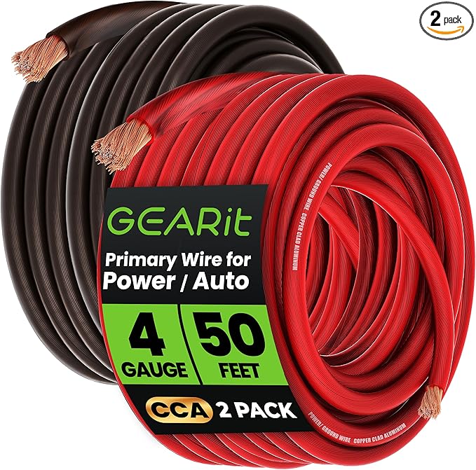 GEARit 4 Gauge Wire (50ft Each - Black/Red Translucent) Copper Clad Aluminum CCA - Primary Automotive Wire Power/Ground, Battery Cable, Car Audio Speaker, RV Trailer, Amp, Electrical 4ga AWG 50 Feet
