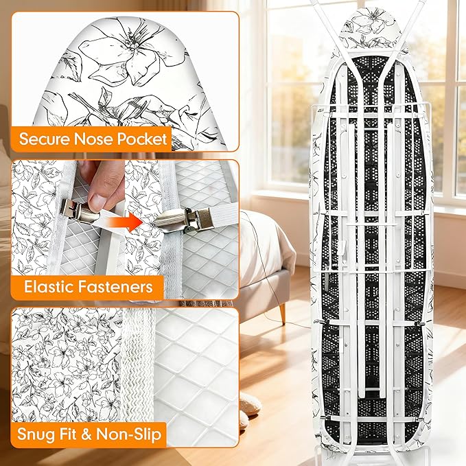 Ironing Board Cover and Pad, 21x54 Extra Large Thick Iron Padding, Scorch & Stain Resistant Ironing board cover, Heavy Duty Iron Board Padded with Adjustable Fasteners Elastic Edge, Floral White