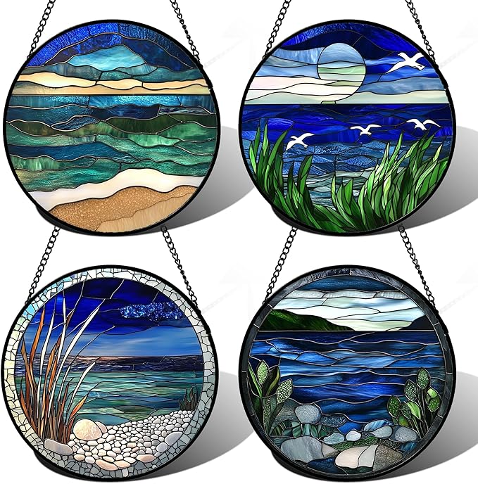 AMDERVEN Stained Glass Window Hanging 4 Pcs Set Navy Blue Ocean Landscape 7.8" - Suncatcher Door Garden Sun Catcher Decor Birthday Mother's Day for Mom Woman Nana Girl Boy Friend