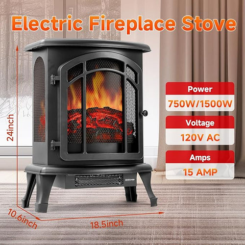 24" Electric Fireplace Heater Stove - Infrared Heater with Realistic LED 3D Flames and Remote Contro, Fire Place Electric, Fake Freestanding Fireplace for Indoor Use, Timer, 750 | 1500W