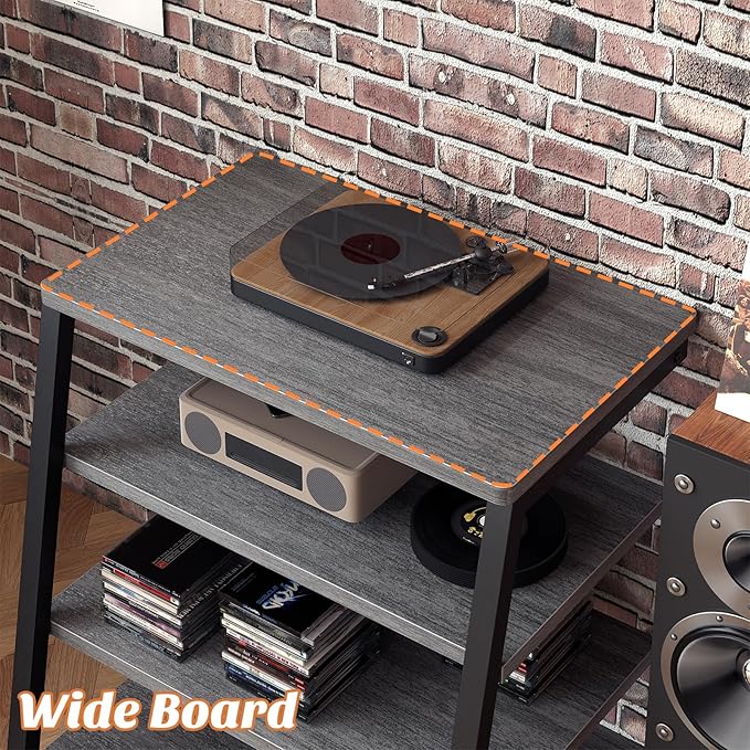 Besiost AV Media Stand with Outlets, Media Console with LED Lights, Stereo Racks and Stands with Storage Shelves, Media Audio Tower Stand, Light Grey Walnut
