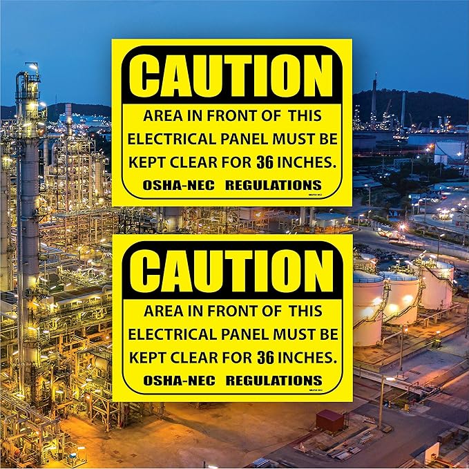 (2 pack) Caution Area in Front of This Electrical Panel Must Be Kept Clear for 36 Inches Sign 7" x 10" self adhesive vinyl sticker decal